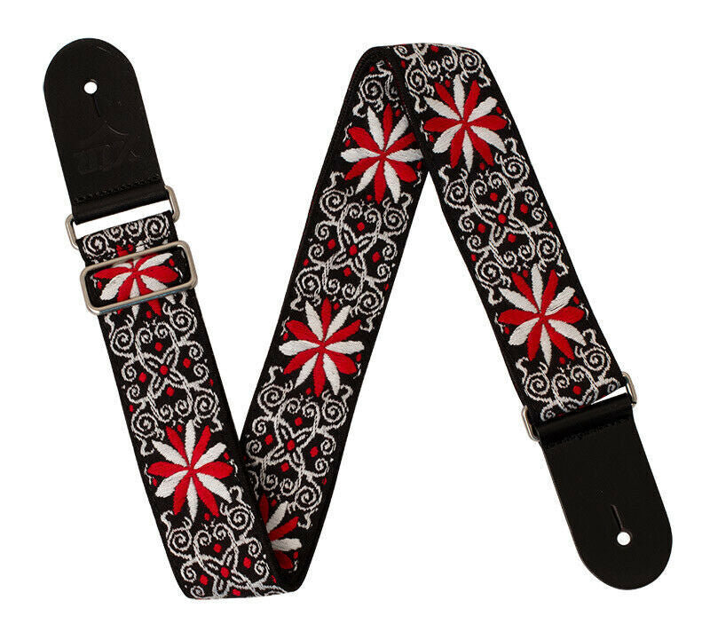Guitar Strap - XTR 2 Inch Black Deluxe Poly Cotton Black & White Floral