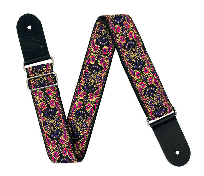 Guitar Strap - XTR 2 Inch Black Deluxe Poly Cotton 60's Pink Paisley