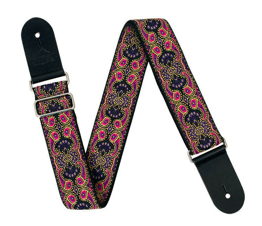 Guitar Strap - XTR 2 Inch Black Deluxe Poly Cotton 60's Pink Paisley