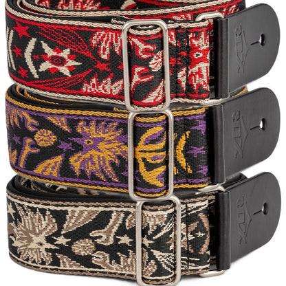 XTR 2-inch Jacquard Cotton Guitar Strap with Leather Ends and Chrome Slider, Vintage Red Pattern