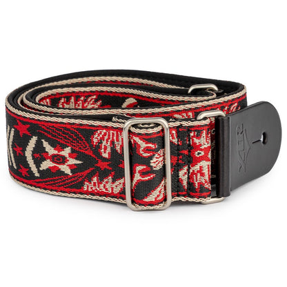 XTR 2-inch Jacquard Cotton Guitar Strap with Leather Ends and Chrome Slider, Vintage Red Pattern — view 2
