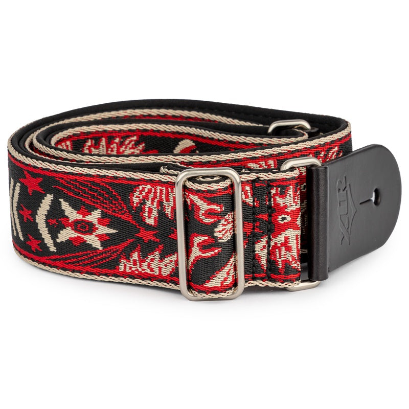 XTR 2-inch Jacquard Cotton Guitar Strap with Leather Ends and Chrome Slider, Vintage Purple & Gold Pattern — view 2