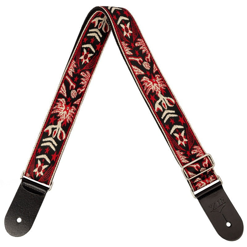 XTR 2-inch Jacquard Cotton Guitar Strap with Leather Ends and Chrome Slider, Vintage Purple & Gold Pattern — view 5