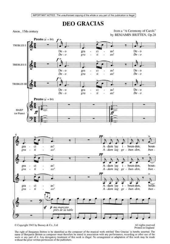 Britten: Deo Gracias — SSS & Harp Choral Score (Boosey & Hawkes)