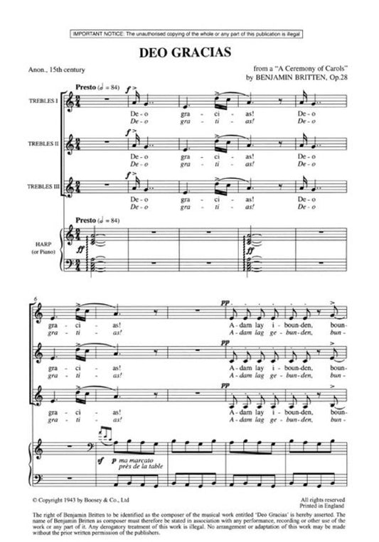 Britten: Deo Gracias — SSS & Harp Choral Score (Boosey & Hawkes)