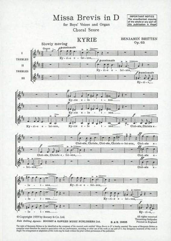 Benjamin Britten: Missa Brevis in D — SSA & Organ Choral Score (Boosey & Hawkes)