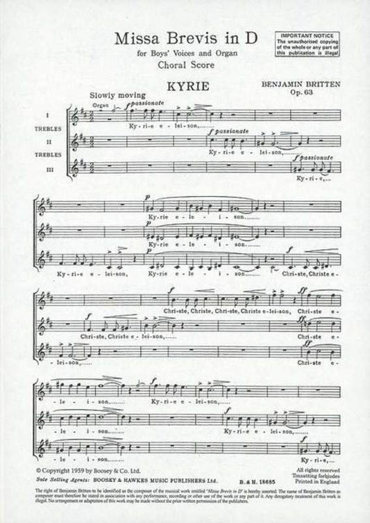 Benjamin Britten: Missa Brevis in D — SSA & Organ Choral Score (Boosey & Hawkes)
