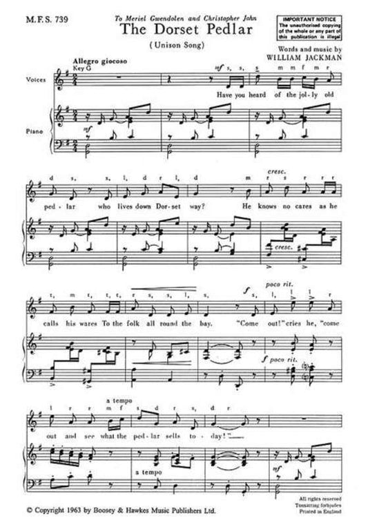 The Dorset Pedlar In G Unison Song (Octavo) Book
