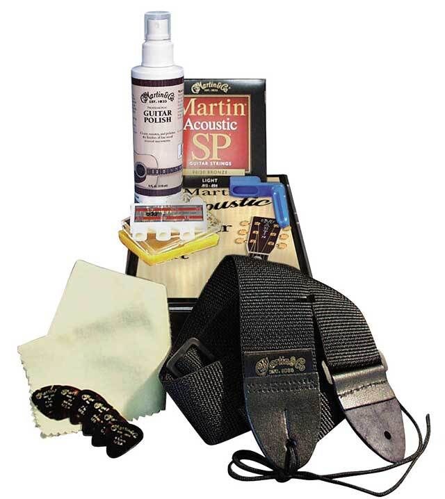Martin Acoustic Guitar Maintenance and Care Kit with Polish, Cloth, String Winder, Pitch Pipe, Strings, Strap, and Picks