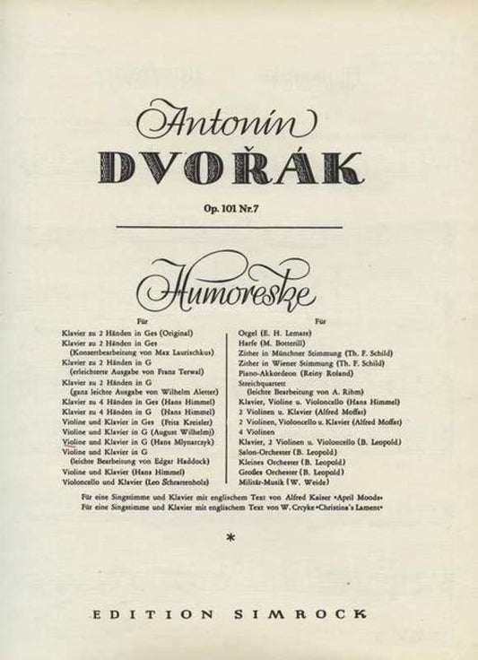 Humoreske Op 101 No 7 Violin Piano Book