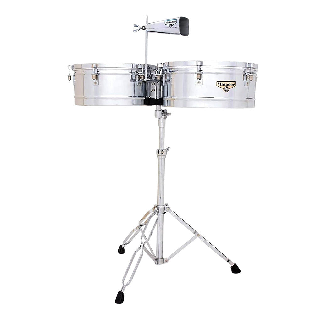 LP Matador 14" & 15" Chrome Plated Steel Timbales with Stand, Cowbell, Sticks, and Tuning Wrench