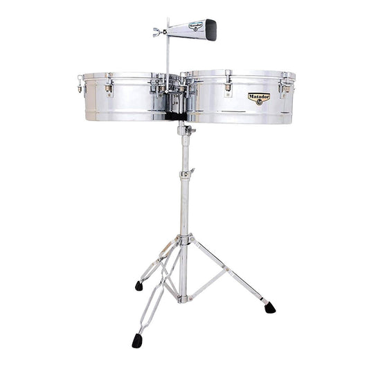 LP Matador 14" & 15" Chrome Plated Steel Timbales with Stand, Cowbell, Sticks, and Tuning Wrench