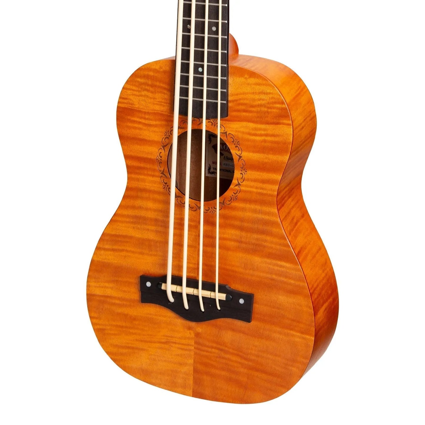 Mojo Flamed Okoume 30" Electric Bass Ukulele Yellowburst MBU-02-YG with KLT-21 Preamp and Built-in Tuner, 4 Strings, Includes Bag — view 4