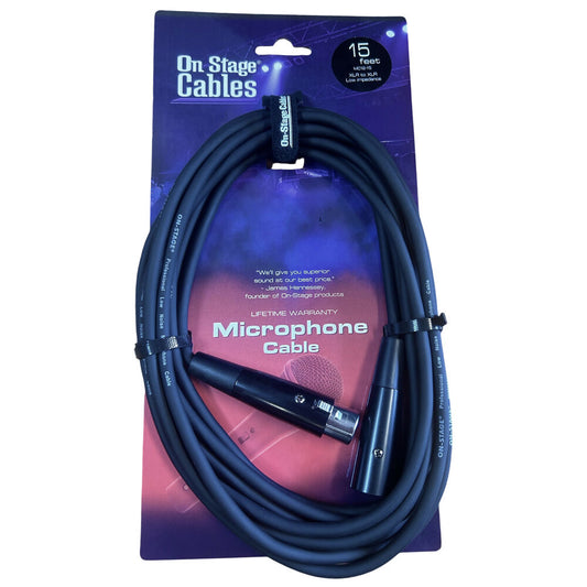 On-Stage 15ft Microphone Cable XLR Male to XLR Female with Nickel Plated Connectors and Velcro Strap