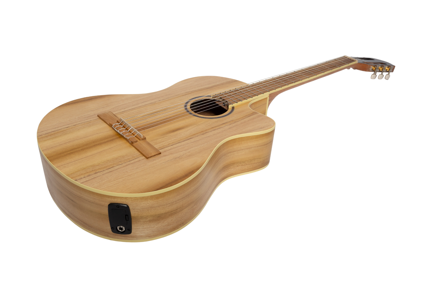 Martinez Slim Jim Full Size Electric Classical Guitar with Pickup, Tuner, Cutaway - Jati-Teakwood, 4/4 Size, Natural Satin Finish — view 3