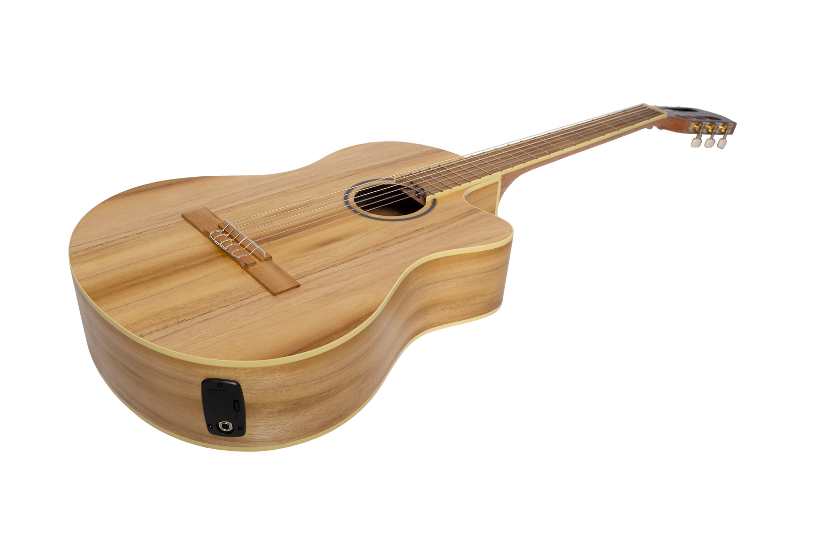 Martinez Slim Jim Full Size Electric Classical Guitar with Pickup, Tuner, Cutaway - Jati-Teakwood, 4/4 Size, Natural Satin Finish — view 3