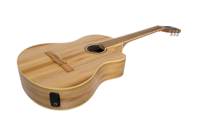 Martinez Slim Jim Full Size Electric Classical Guitar with Pickup, Tuner, Cutaway - Jati-Teakwood, 4/4 Size, Natural Satin Finish — view 3