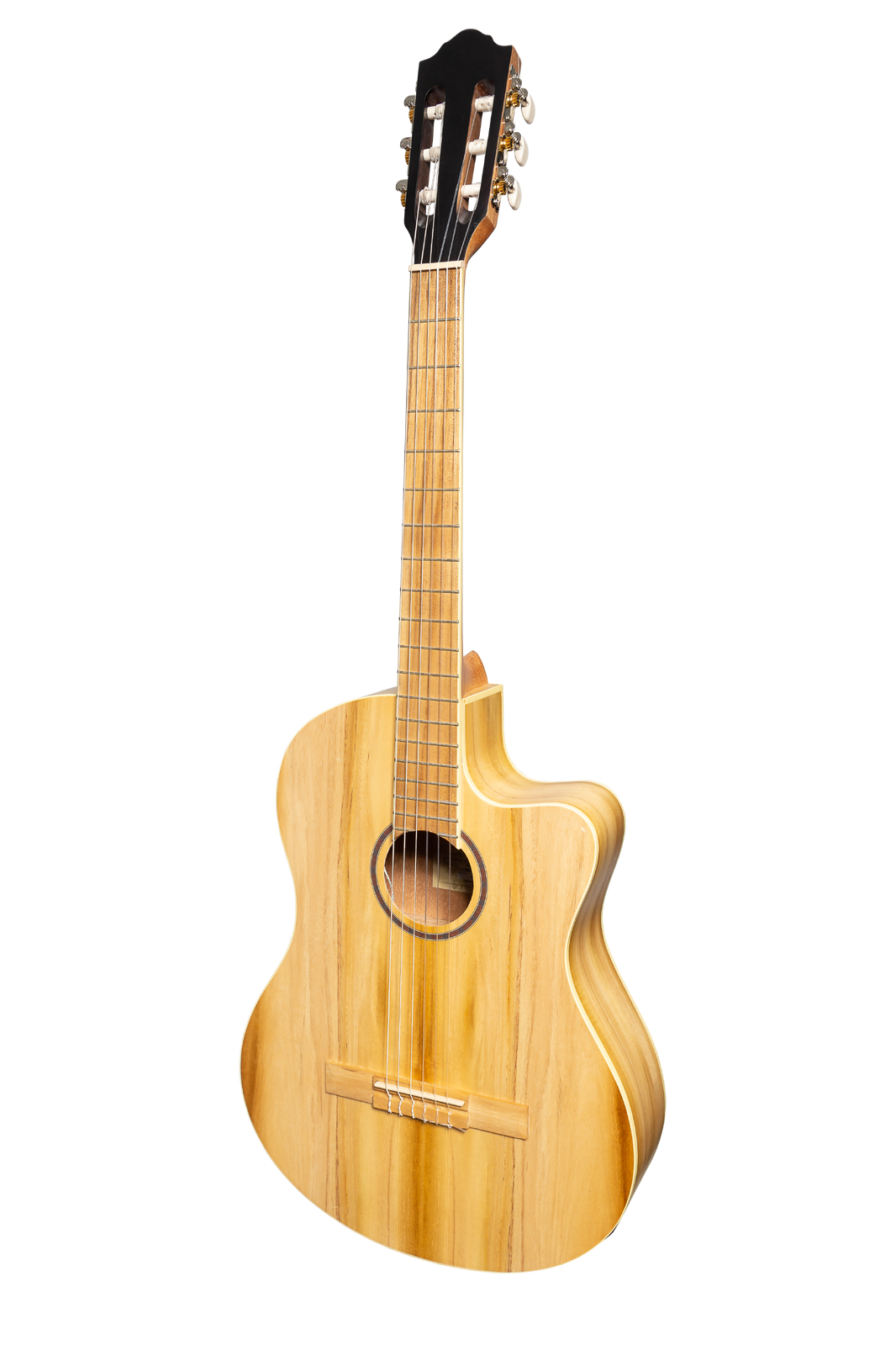Martinez Slim Jim Full Size Electric Classical Guitar with Pickup, Tuner, Cutaway - Jati-Teakwood, 4/4 Size, Natural Satin Finish