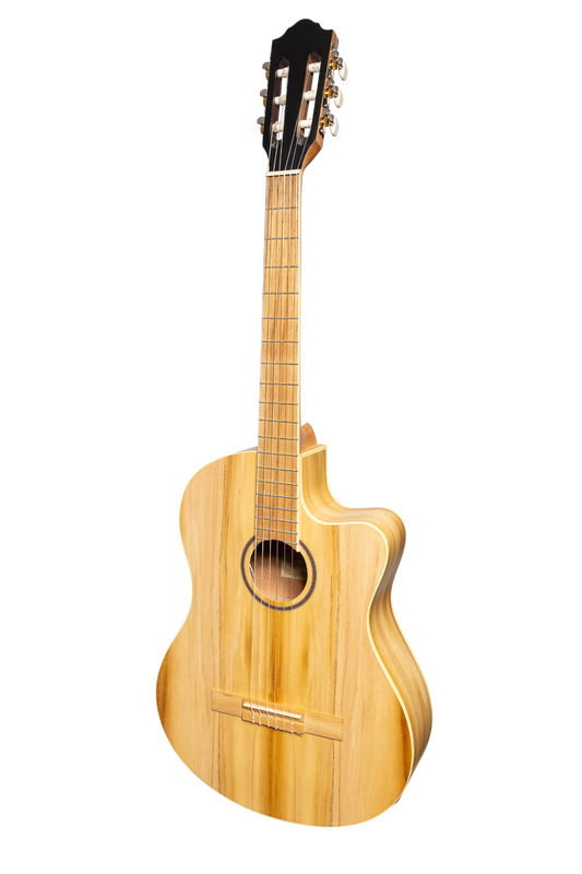 Martinez Slim Jim Full Size Electric Classical Guitar with Pickup, Tuner, Cutaway - Jati-Teakwood, 4/4 Size, Natural Satin Finish