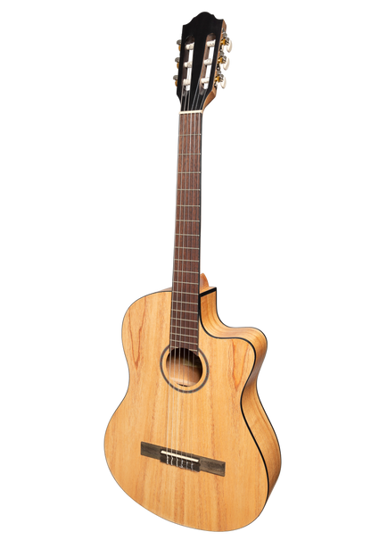 Martinez Slim Jim Full Size Electric Classical Guitar with Pickup and Tuner, Mindi-Wood