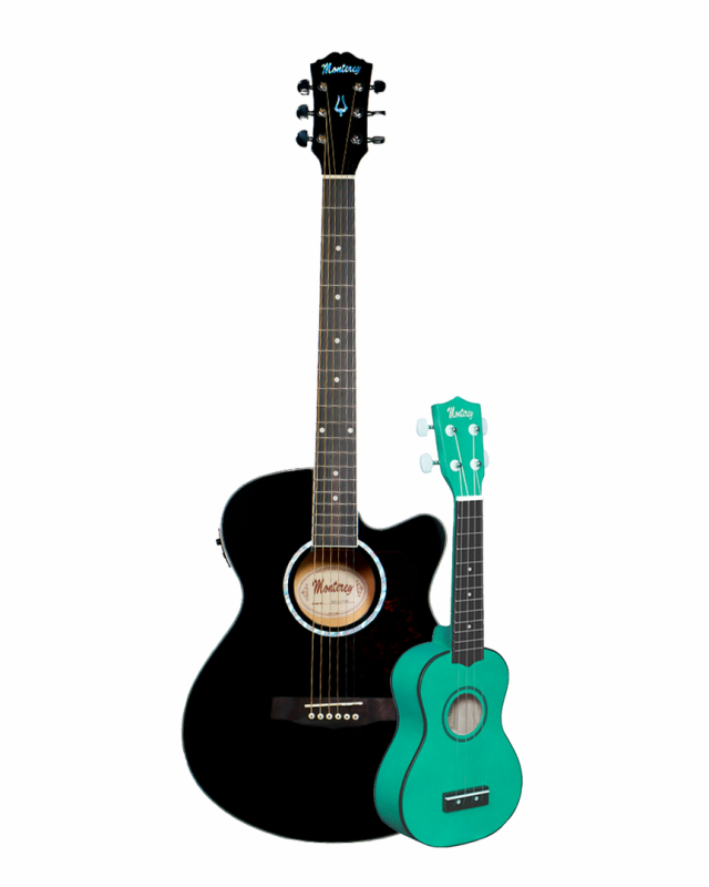 Monterey Acoustic/Electric Guitar Black with Free Teal Ukulele Bundle