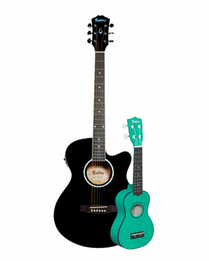 Monterey Acoustic/Electric Guitar Black with Free Teal Ukulele Bundle