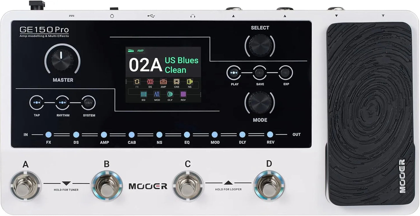 Mooer GE-150 Pro Guitar Multi-Effects Processor with 200 Presets, 55 Preamps, 26 Cab Simulations, 4 Footswitches, 80s Looper, USB-C Output