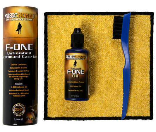 Music Nomad F-ONE Fretboard Care Kit - Oil, Microfiber Cloth, Brush for Unfinished Fretboards