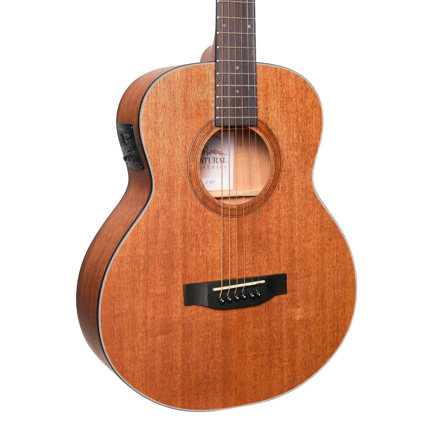 Martinez MNS-15-MOP Natural Series Mahogany Top Acoustic-Electric Mini Guitar, Open Pore Finish, 24.5" Scale, Right-Handed, 6 Strings — view 6