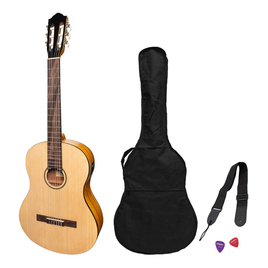 Martinez Left Handed Full Size Student Classical Guitar Pack with Built In Tuner - Natural Satin Finish