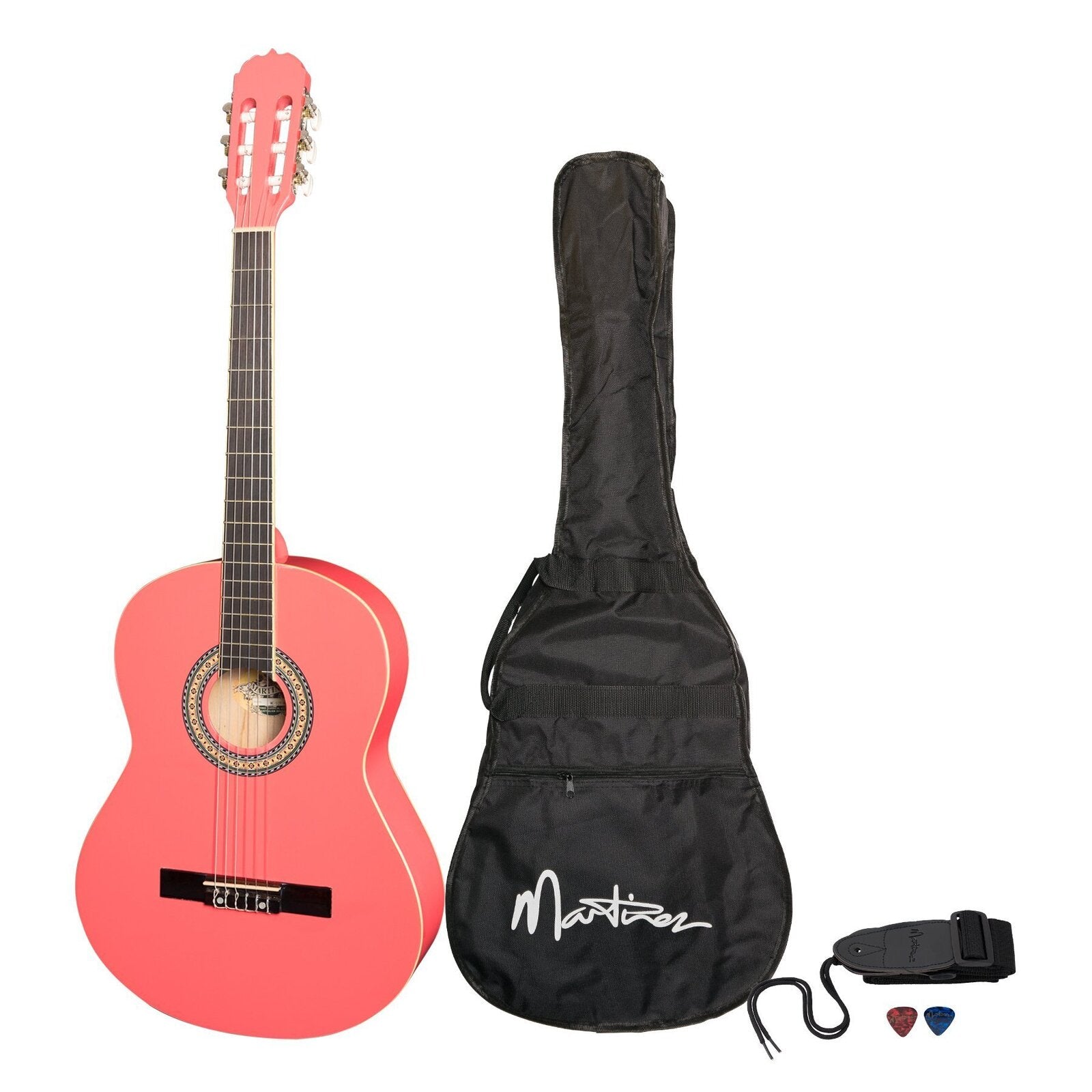 Martinez 'Slim Jim' Full Size Beginner Slim Neck Classical Guitar Pack with Built-In Tuner (Hot Pink)