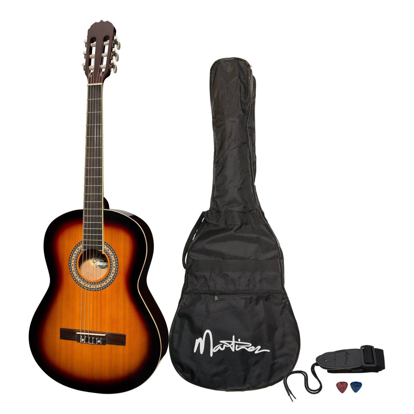 Martinez 'Slim Jim' Full Size Beginner Slim Neck Classical Guitar Pack with Built-In Tuner (Tobacco Sunburst)