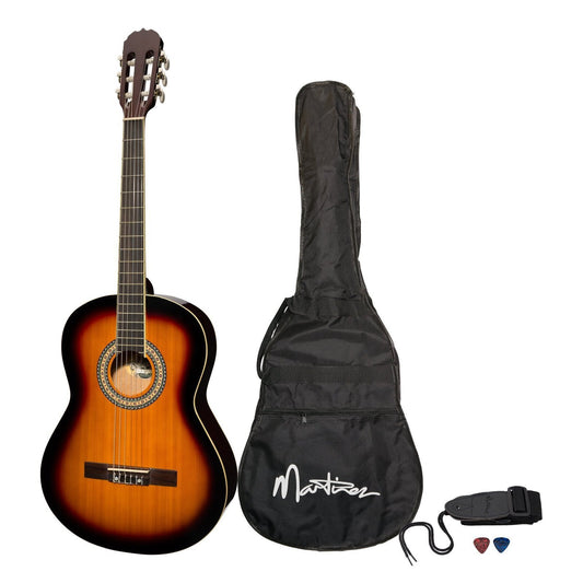 Martinez 'Slim Jim' Full Size Beginner Slim Neck Classical Guitar Pack with Built-In Tuner (Tobacco Sunburst)
