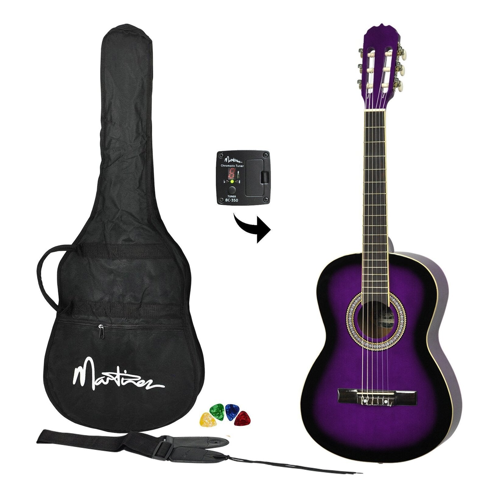 Martinez Full Size Beginner Classical Guitar Pack with Built In Tuner (Purpleburst)