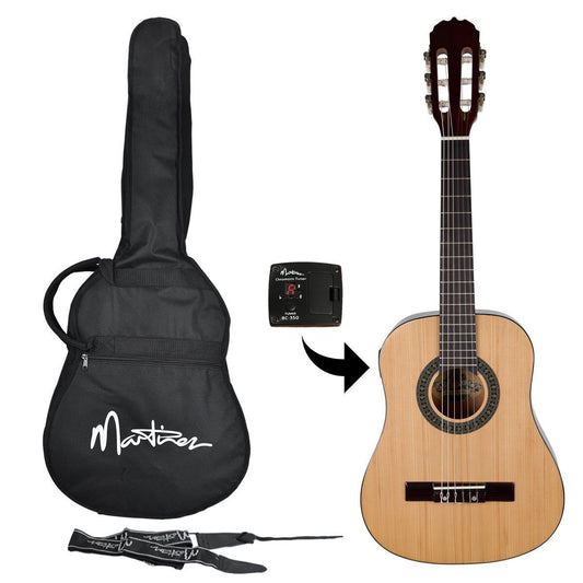 Martinez 1/2 Size Beginner Classical Guitar Pack with Built In Tuner (Natural Gloss)