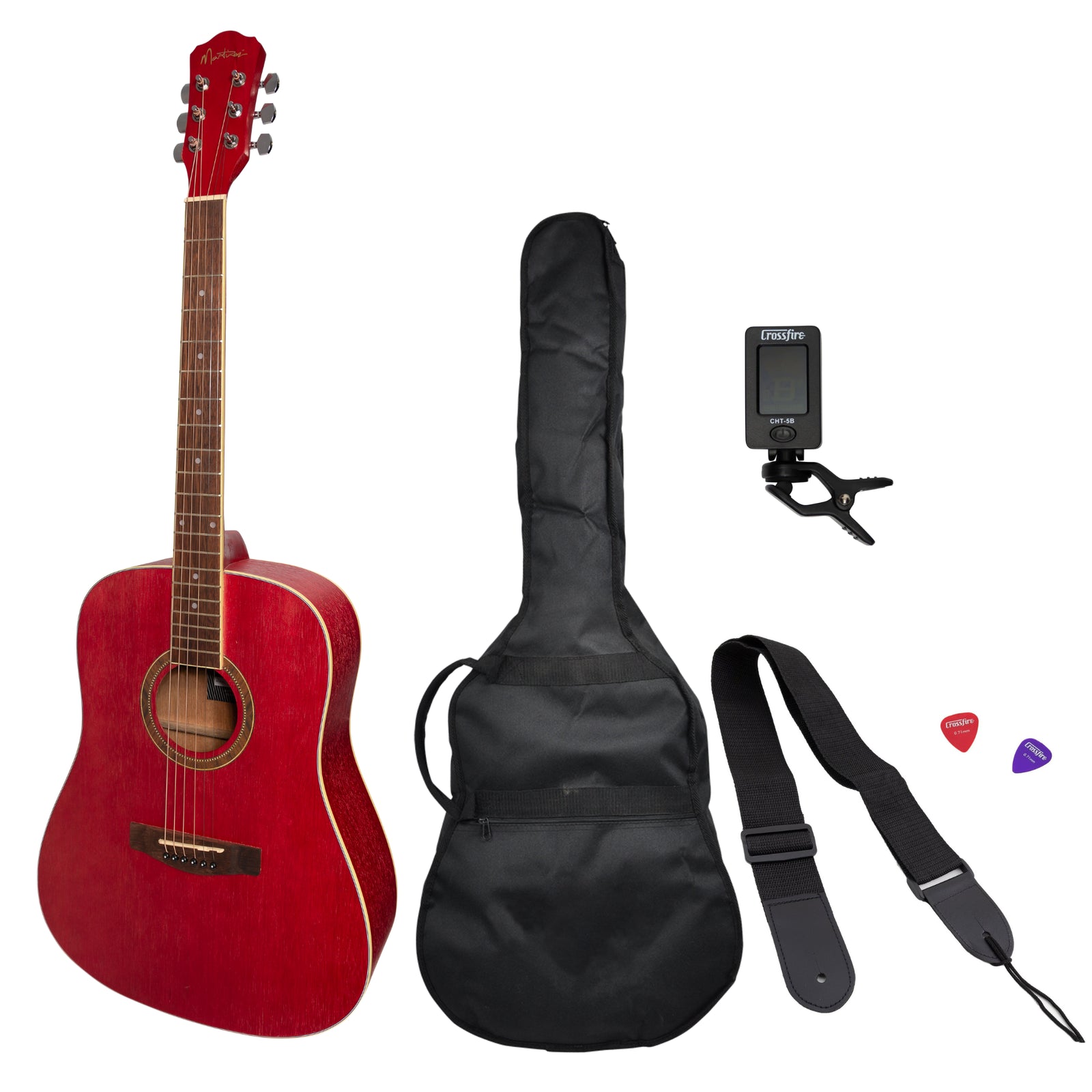 Martinez '41 Series' Dreadnought Acoustic Guitar Pack - Pink - Includes Gig Bag, Tuner, Picks, Strap - Right-Handed - 6 Strings