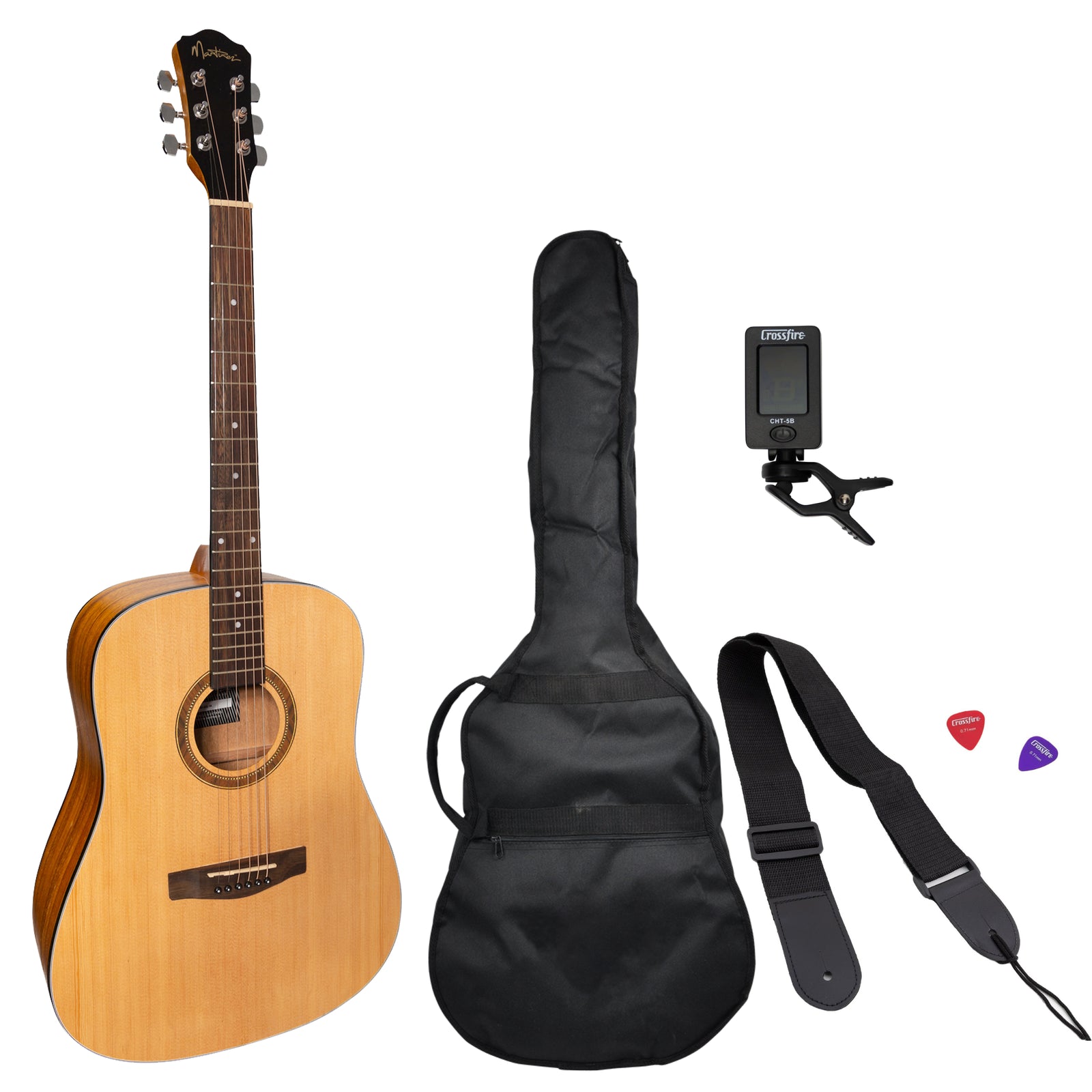 Martinez Left Hand '41 Series' Dreadnought Acoustic Guitar Pack (Spruce / Koa)