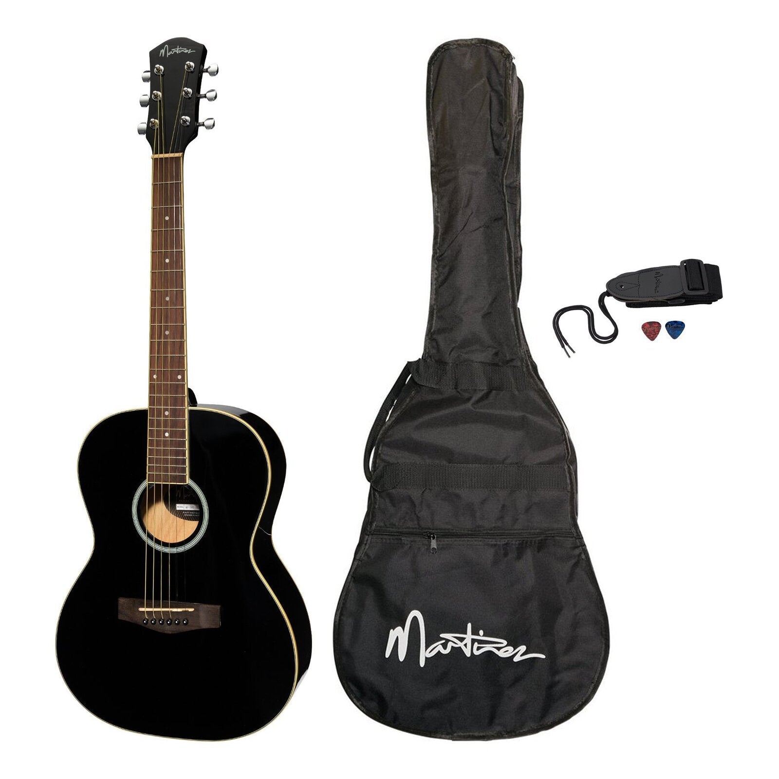 Martinez Acoustic Folk Size Guitar Pack with Built-In Tuner (Black)