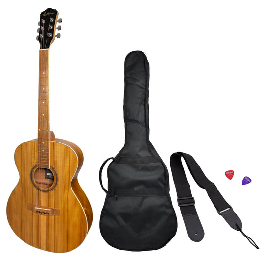Martinez '41 Series' Folk Size Acoustic Guitar Pack with Built-in Tuner, Natural Finish, Includes Gig Bag, Picks, and Strap