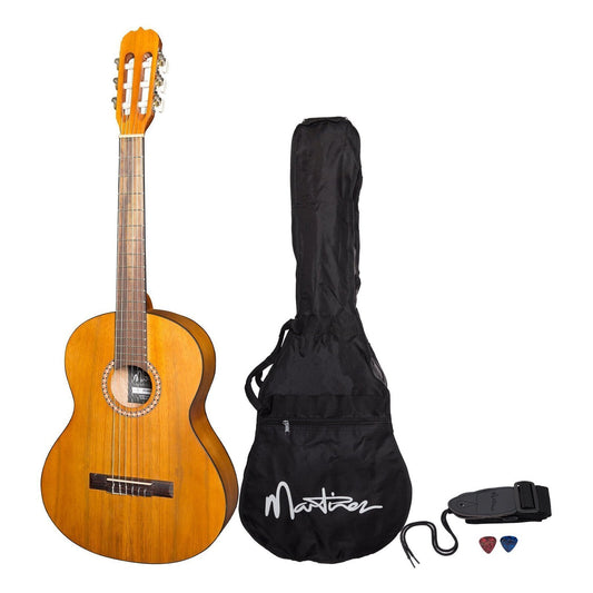Martinez 'Slim Jim' 3/4 Size Beginner Exotic Timber Slim Neck Classical Guitar Pack with Built-In Tuner (Acacia Natural Satin)