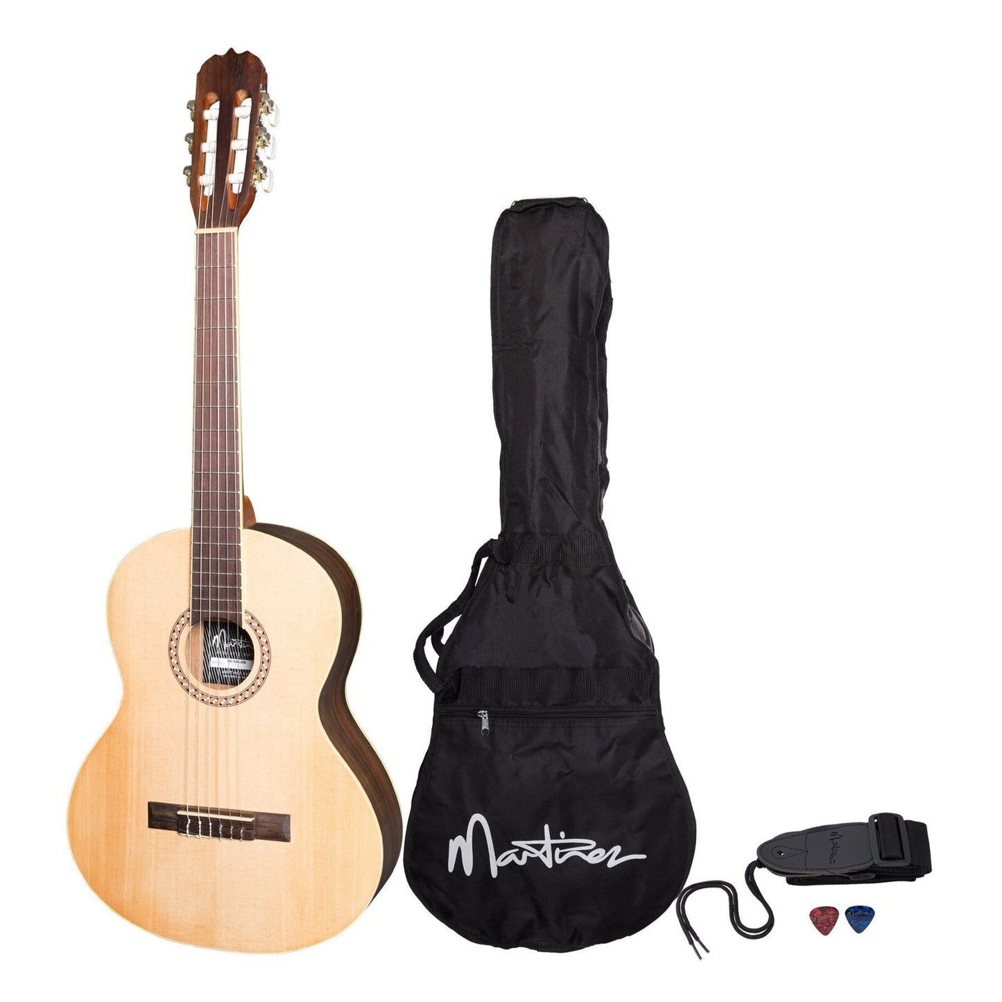 Martinez 'Slim Jim' 3/4 Size Beginner Exotic Timber Slim Neck Classical Guitar Pack with Built-In Tuner (Zebrawood Natural Satin)