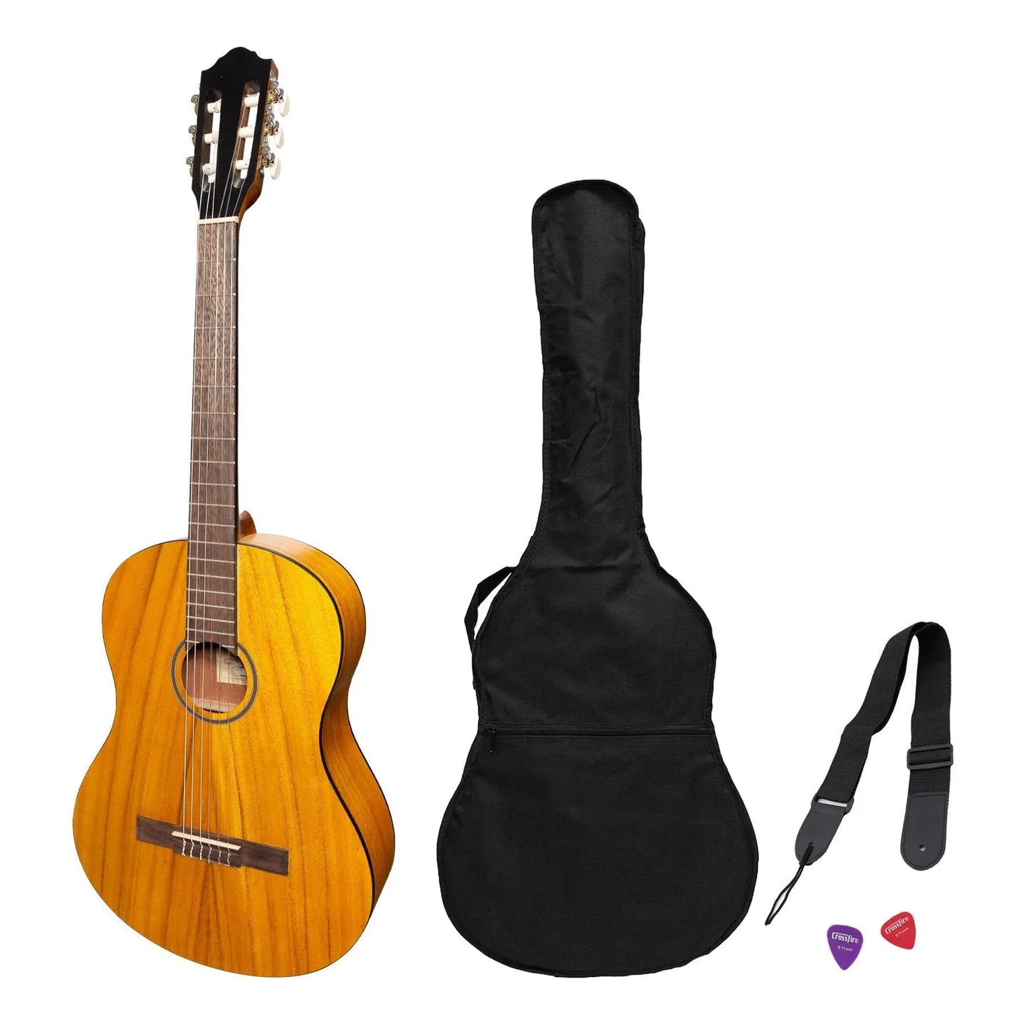 Martinez Slim Jim Full Size Student Classical Guitar Pack with Built In Tuner Koa