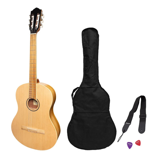 Martinez Slim Jim Full Size Student Classical Guitar Pack with Built-In Tuner, Natural Satin Finish, MP-SJ44T
