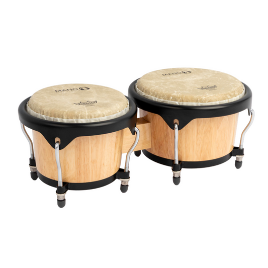 Mano Percussion Tunable Bongos 7 1/4" & 8 1/2" Acacia & Red Oak with Remo Fiberskyn Heads and Gold Hoops
