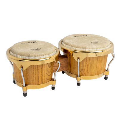Mano Percussion Tunable Bongos 7 1/4" & 8 1/2" Acacia & Red Oak with Remo Fiberskyn Heads and Gold Hoops — view 2