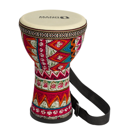 Mano 6 inch Djembe with Strap & Bag - Pre-tuned with Red & Blue Cloth Design