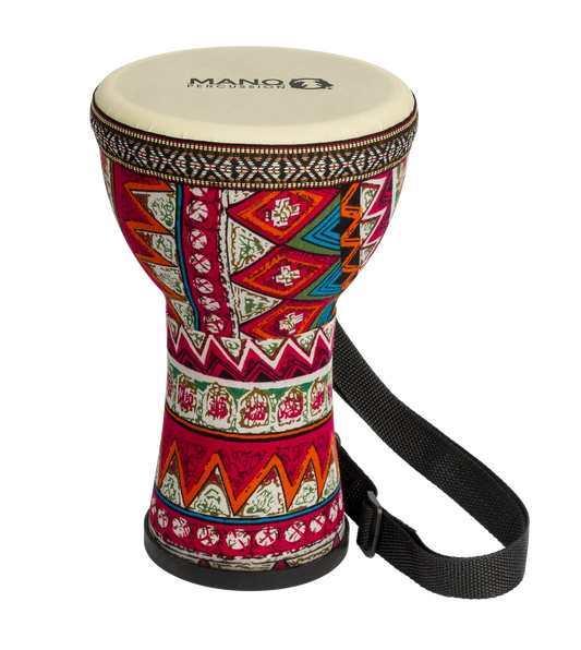 Mano 6 inch Djembe with Strap & Bag - Pre-tuned with Red & Blue Cloth Design