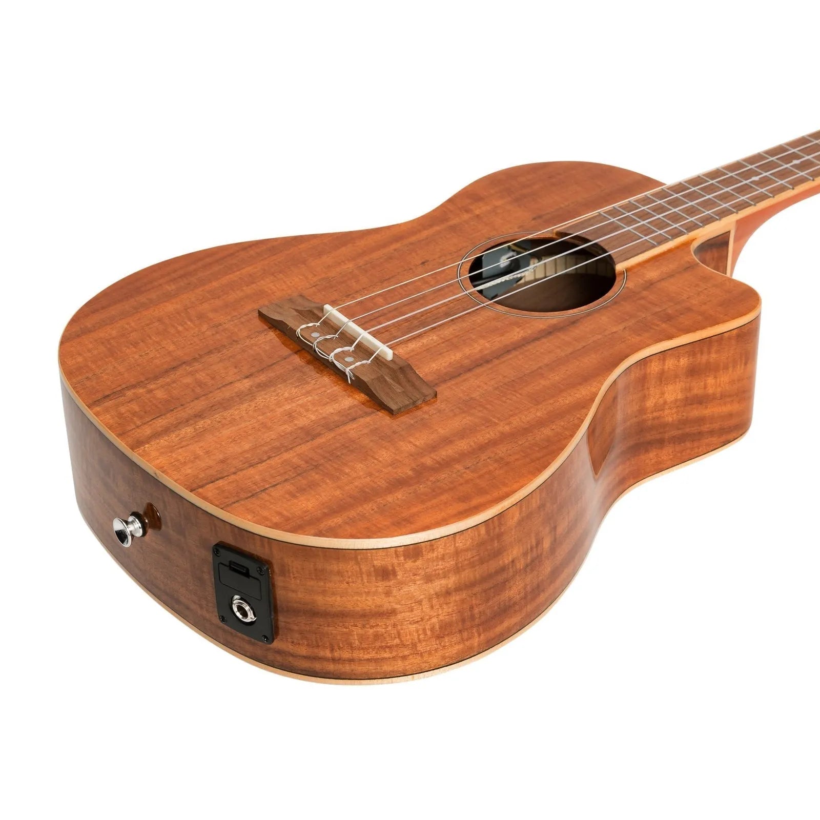 Martinez Southern Belle 8 Series Koa Solid Top Electric Cutaway Baritone Ukulele with Hard Case Natural Gloss — view 6