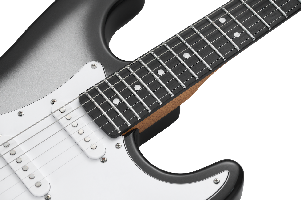 Mooer MSC12 Electric Guitar Iron Silver Gloss, Double Cutaway, 6 Strings, Roasted Maple Neck, Tech Ebony Fingerboard, Tremolo Bridge, H-H Pickups — view 4