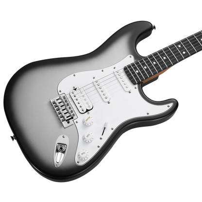 Mooer MSC12 Electric Guitar Iron Silver Gloss, Double Cutaway, 6 Strings, Roasted Maple Neck, Tech Ebony Fingerboard, Tremolo Bridge, H-H Pickups — view 3